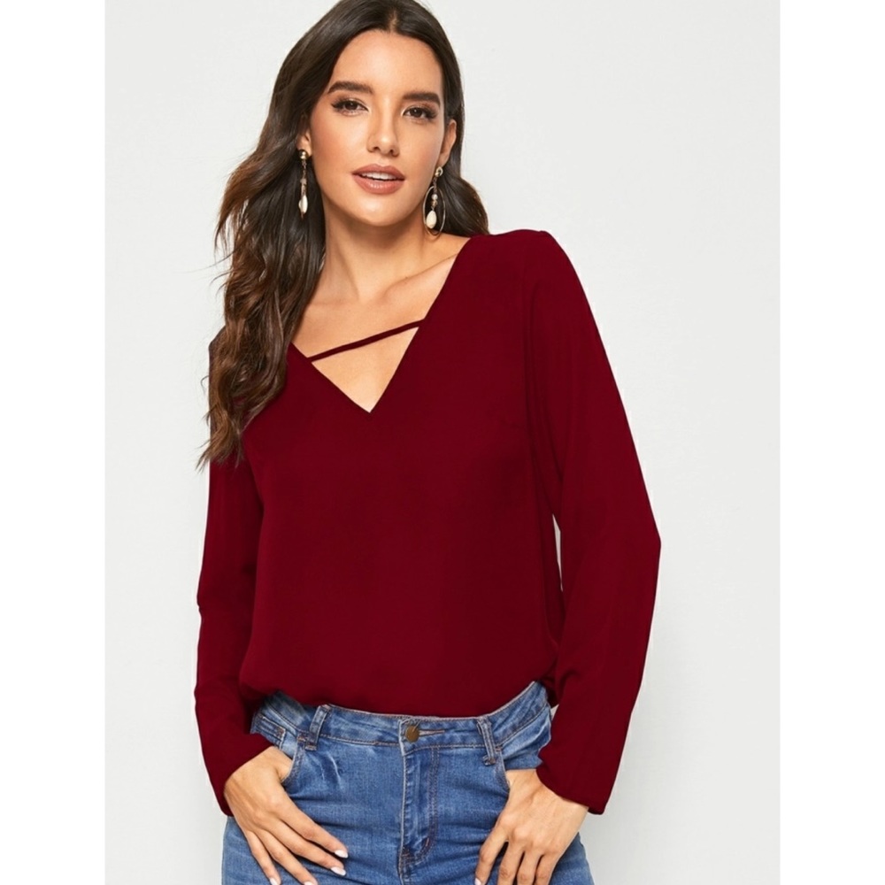 L ong sleeve v neck strap top maroon red 829581